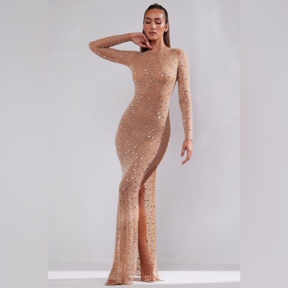 Oh Polly Dresses & Skirts - Oh Polly Hot Fix sheer embellished long sleeve gown almond